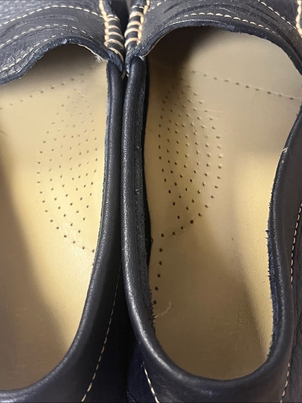 Women's 7.5 Navy Leather Penny Loafers with Contrast Stitching - Picture 3 of 6